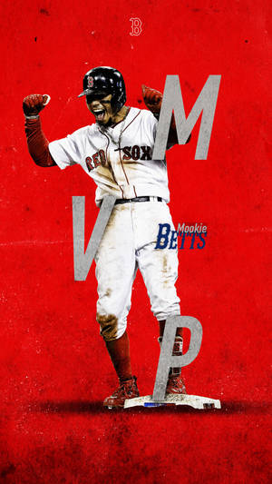 棒球運動員Mookie Betts在紅色背景上身穿紅襪隊制服慶祝MVP勝利。 — 紐約洋基 壁紙
