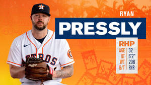 棒球選手 Ryan Pressly 身穿 Astros 球衣，在橙色背景上手持手套並顯示統計數據。 — 運動 壁紙
