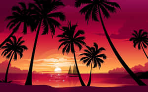 棕櫚樹剪影映襯著鮮豔的夕陽，平靜水面上有一艘帆船。 — 日落 壁紙