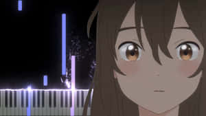 棕色眼睛的動漫女孩看著鋼琴鍵盤上發光的藍色音符。 — 小貓 壁紙