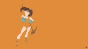 穿著藍色圓點服裝的動漫女孩對著橙色背景揮舞鎬子。 — 女主角 壁紙