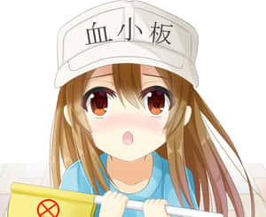 戴帽子的動漫女孩拿著醫療盒，表情驚訝。 — 細胞的工作 壁紙