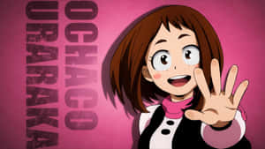 動漫角色 Ochaco Uraga 在粉紅色背景上微笑揮手。 — 我的英雄學院 壁紙