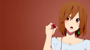 動漫女孩在赤陶背景前拿著紅色耳塞，表情驚訝。 — 日向雛田 壁紙