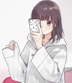 白色連帽衫的動漫女孩用手機自拍。 — 小米 Mix Flip 2 壁紙