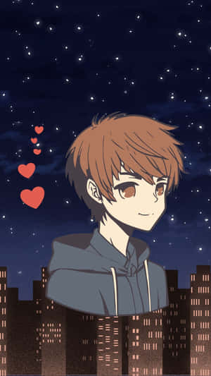 動漫男孩在星空下微笑，城市上方漂浮著心形。 — 酷寒冬季 壁紙