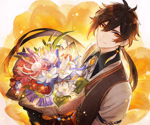 棕色頭髮的動漫男孩在金色光芒下拿著一束色彩繽紛的鮮花。 — 鍾離 壁紙