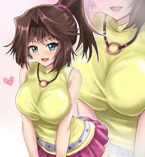 棕色頭髮藍眼睛的動漫女孩，穿著黃色上衣和粉紅色裙子，微笑並有愛心在附近。 — 榮耀Magic V 壁紙