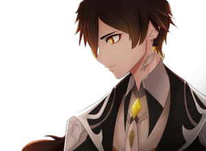 棕色頭髮金色眼睛的動漫男性角色，穿著黑白服裝，配黃色寶石領帶。 — 鍾離 壁紙