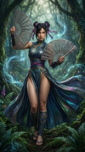 發光森林中持扇的奇幻女戰士 — 真人快打 壁紙