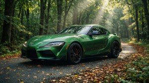 綠色跑車停泊在森林道路上，有秋葉和陽光穿過樹木。 — Toyota Supra 壁紙