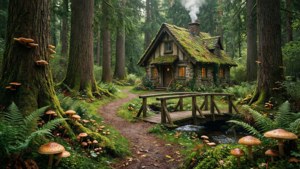 魔法森林中的舒適小屋，有發光的窗戶和蘑菇小徑。 — 田園風 GIF 壁紙