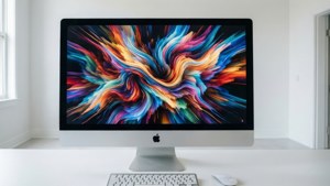 明亮極簡房間中的iMac搭配抽象藝術。 — Mac 壁紙
