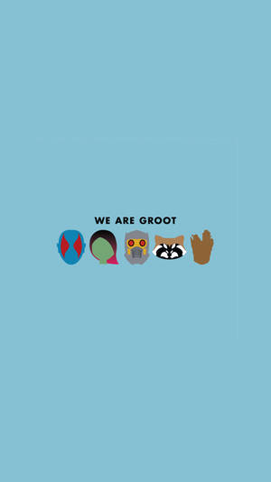 藍色背景上五個卡通角色頭像，帶有「WE ARE GROOT」文字。