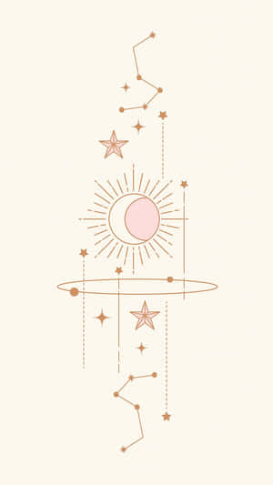 包括月亮、太陽、星星和星座在內的天體符號，以極簡線條藝術風格呈現。 — 獅子座 壁紙