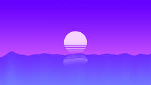 紫色山巒與條紋太陽，以及日落時分在水中的倒影。 — 海景 壁紙