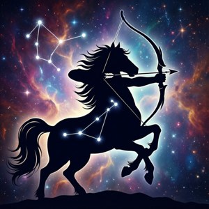 在色彩繽紛的星雲中，星星形成星座的黑色騎馬弓箭手剪影。