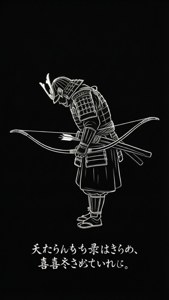 黑色背景上的白色線條藝術武士弓箭手，附有日文字。 — 武士動畫 壁紙