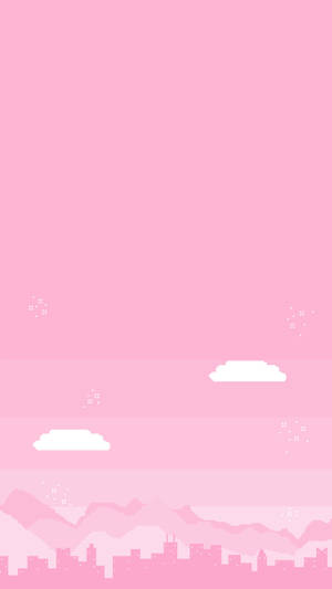 粉色像素城市和山脈，在星空和雲朵下。 — 粉嫩粉彩美學 壁紙
