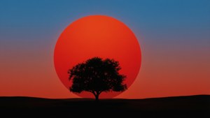 一棵樹在日落時分以巨大的橙色太陽為背景形成的剪影。 — 數位藝術 壁紙
