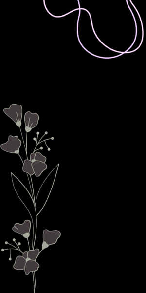 灰色花莖搭配薰衣草色曲線在黑色背景上 — Pixel 3 壁紙