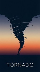 一個深色龍捲風剪影在色彩繽紛的日落天空背景下，底部有「tornado」字樣。 — 龍捲風 壁紙