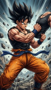 動漫角色悟空穿著橙色道服，在碎片飛揚中攻擊對手。 — 悟空 壁紙