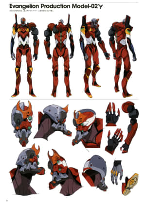 Evangelion Production Model-02'y 概念藝術，包含全身及組件視圖。 — OnePlus Pad 2 Pro 壁紙