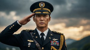穿著正式軍服的軍官在戶外多雲天空下敬禮。 — ROG Ally 壁紙