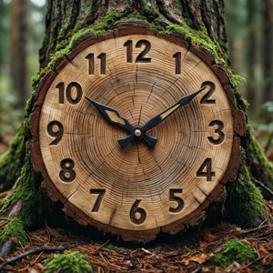 一個由樹樁製成的時鐘，位於長滿苔蘚的森林中。 — Pixel Watch 3 壁紙