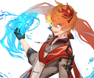 動漫角色用發光球體和飛濺效果召喚藍色水魔法。 — 原神 壁紙