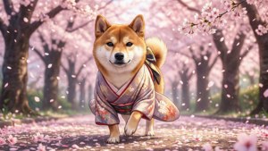 一隻穿著花卉和服的柴犬，在飄落的櫻花下行走。 — 狗狗迷因 壁紙