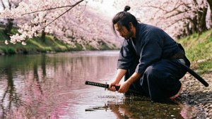 武士在櫻花下河邊清洗劍 — 多羅羅 壁紙
