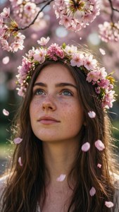 真實感女孩戴著花冠站在櫻花下。