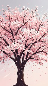 櫻花樹，花瓣飄落，映襯著柔和的粉紅色天空。 — 矢量藝術 壁紙