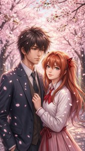 來自《東京卍復仇者》的浪漫壁紙，展示 Takemichi 與 Hinata 在櫻花樹下相依的場景。