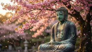 盛開櫻花下的青銅佛像，花瓣飄落。 — 靈性動圖 壁紙