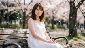 身穿白色連衣裙的年輕女子坐在公園長椅上，櫻花盛開，花瓣飄落。