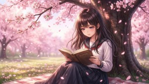 動漫女孩在春季公園的櫻花下閱讀 — 動漫女孩 壁紙