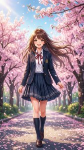 動漫女學生穿著校服在春天的櫻花樹下行走。 — 動漫女孩 壁紙