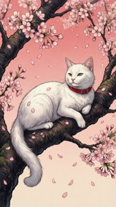 白貓在櫻花樹枝上休息，花瓣飄落。 — 動漫貓 壁紙