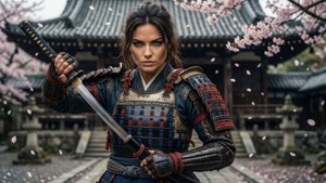 身穿盔甲的女武士在寺廟附近的櫻花下手持武士刀。 — 16:9 壁紙
