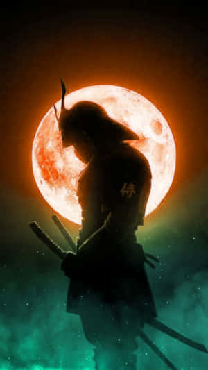 武士剪影在紅月下青綠色薄霧中手持刀劍。 — 戰士 壁紙