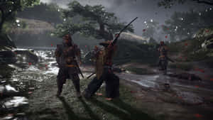 武士在雨林中戰鬥，紅葉飄落。 — 對馬戰鬼 壁紙