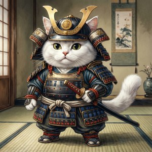 白貓打扮成武士，身穿全套鎧甲，在室內手持劍。 — 動漫貓 壁紙