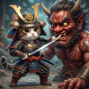 武士貓戰士在奇幻戰鬥場景中對抗惡魔生物。 — Galaxy Watch 壁紙