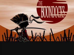 動漫角色以武士姿態持劍，背景為日落和「The Boondocks」標誌。 — 混沌武士 壁紙