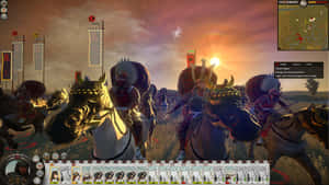 武士騎兵在日落時的戰場上衝鋒。 — 電玩遊戲 GIF 壁紙