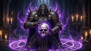 一名死亡騎士手持發光頭骨進行黑暗儀式。 — 死亡騎士 壁紙