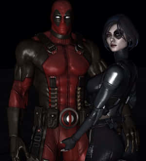 死侍和黑寡婦穿著精緻的服裝，背景黑暗。 — Galaxy Z Flip 8 壁紙